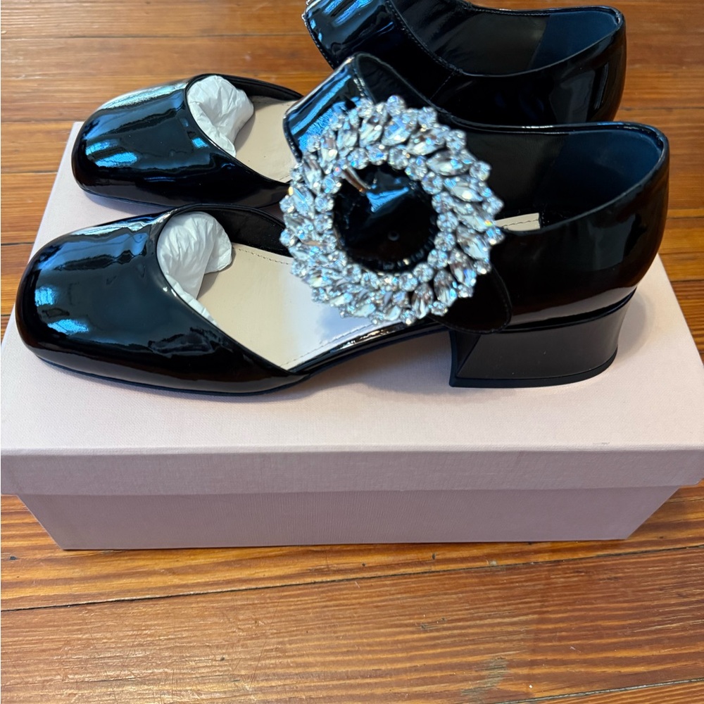 Authentic New in Box Miu Miu Black Patent Crystallized Shoes  Size 39